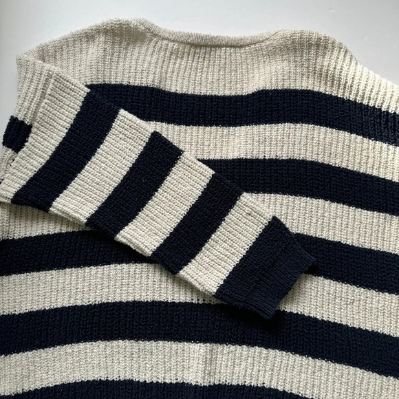 Zara Striped Chunky Knit Sweater Blue Cream V Neck Boxy Fit Nautical Preppy Sz L - Picture 15 of 16